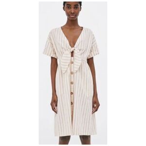 ZARA Linen Blend Striped Knotted Short Sleeve Mini Dress